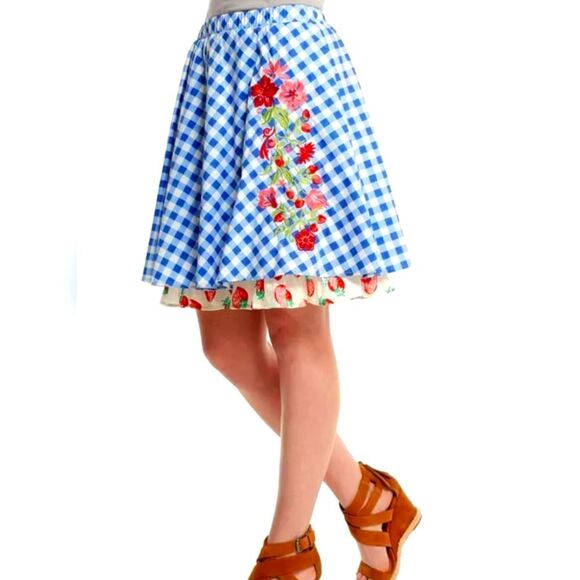 Matilda Jane Dutch Apple Skirt Large Blue Check Embroidered Strawberry Women's S - Picture 1 of 10